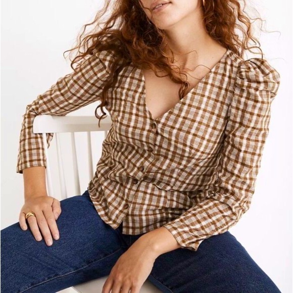 Madewell Westover Top in Sandown Plaid Small Brown Tan Long Puff Sleeve